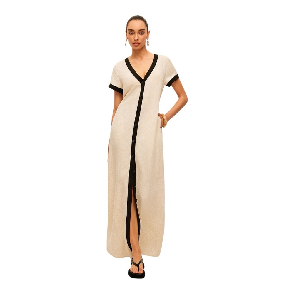 COMMENSE Cotton & Linen High-Slit Contrast Trim Dress COLOR Apricot Size Medium